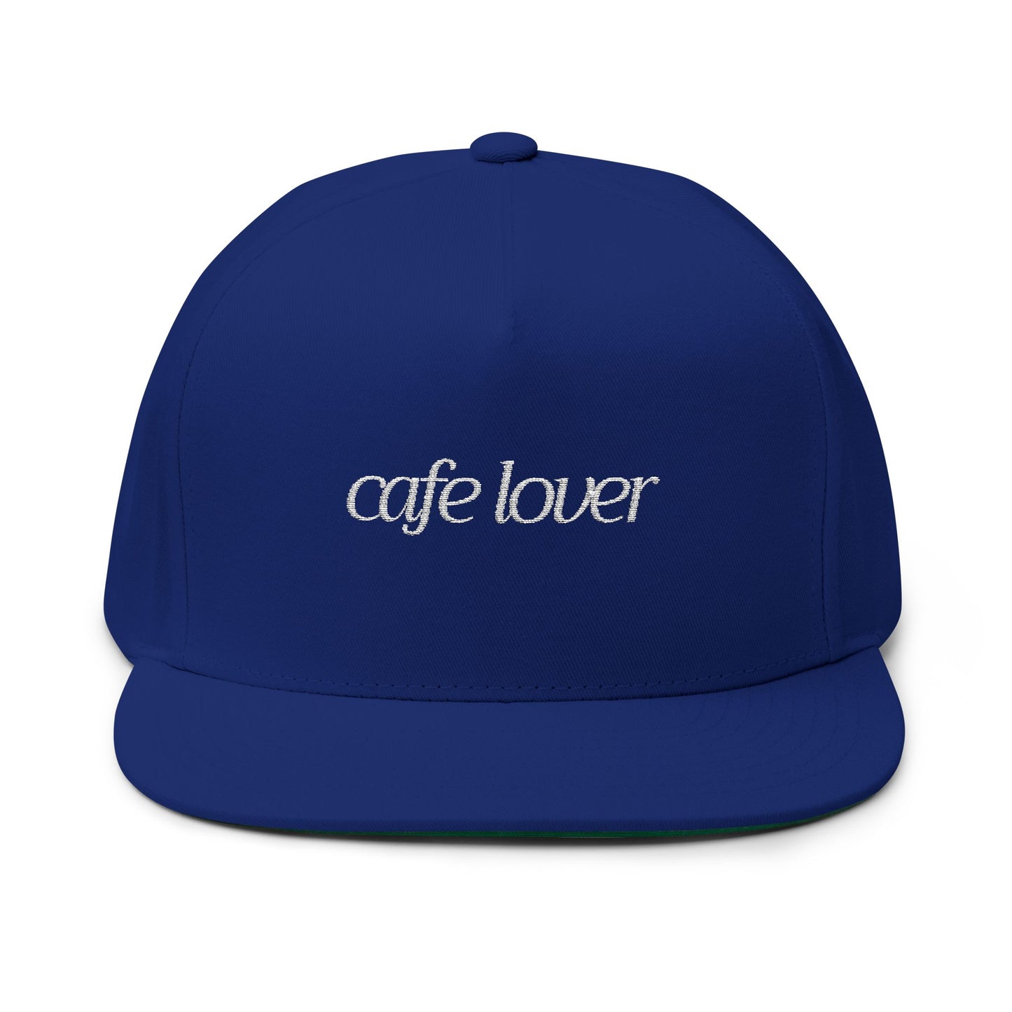Cafe Lover Embroidered Flat Bill Cap Rhinestone Snapback in Royalty