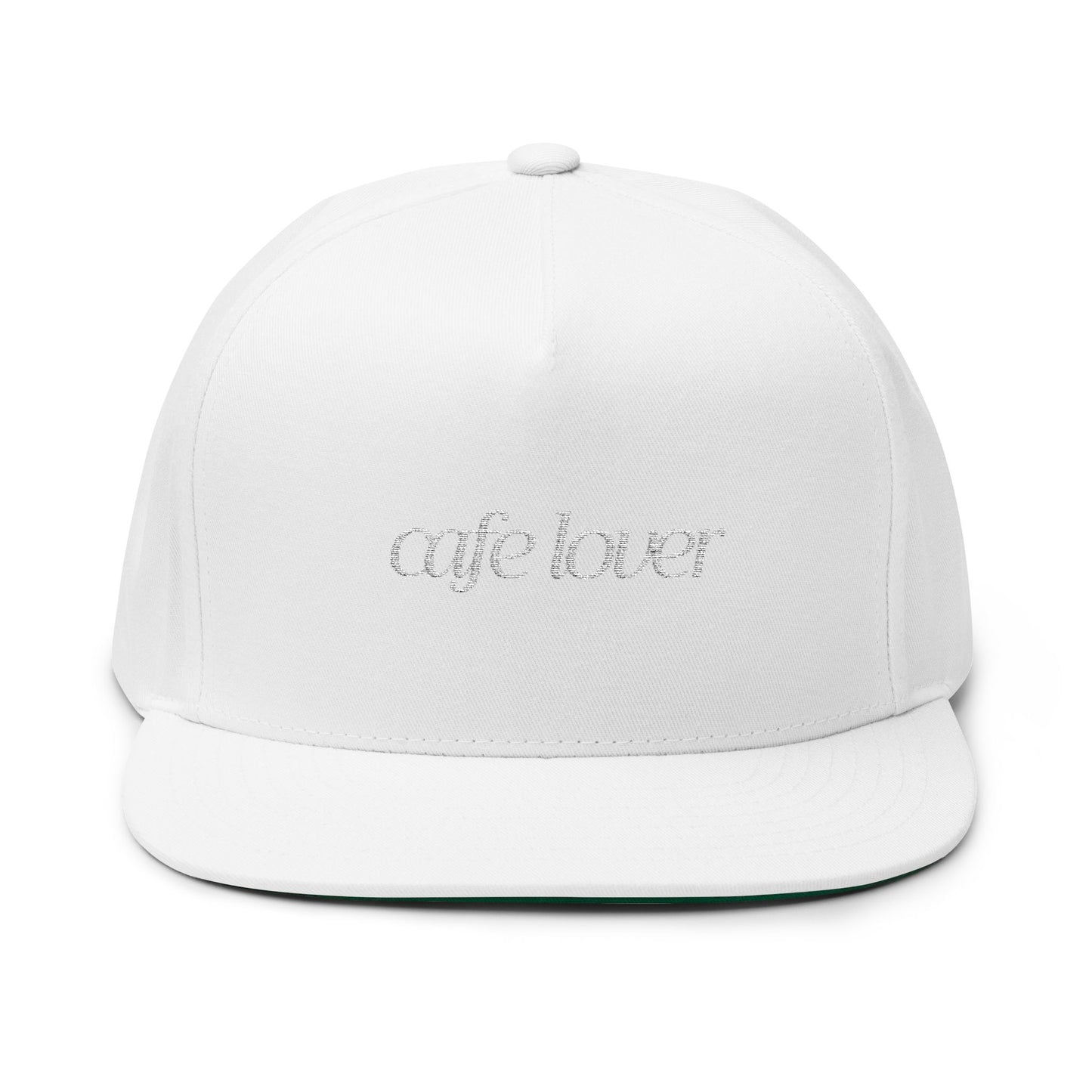 Cafe Lover Embroidered Flat Bill Cap Rhinestone Snapback in Silver Lining