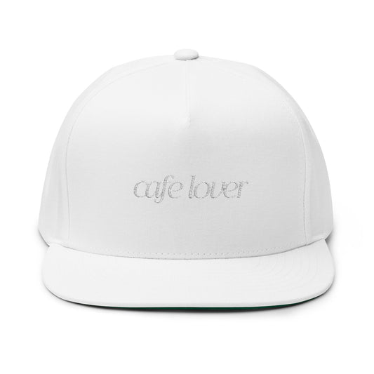 Cafe Lover Embroidered Flat Bill Cap Rhinestone Snapback in Silver Lining