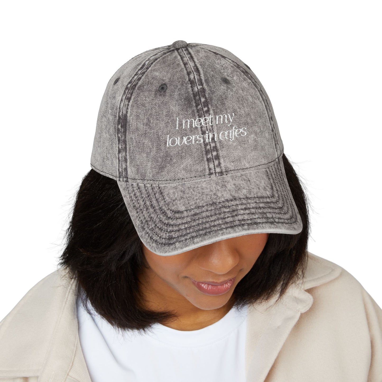 Cafe Lovers Embroidered Vintage Cap Charcoal/White